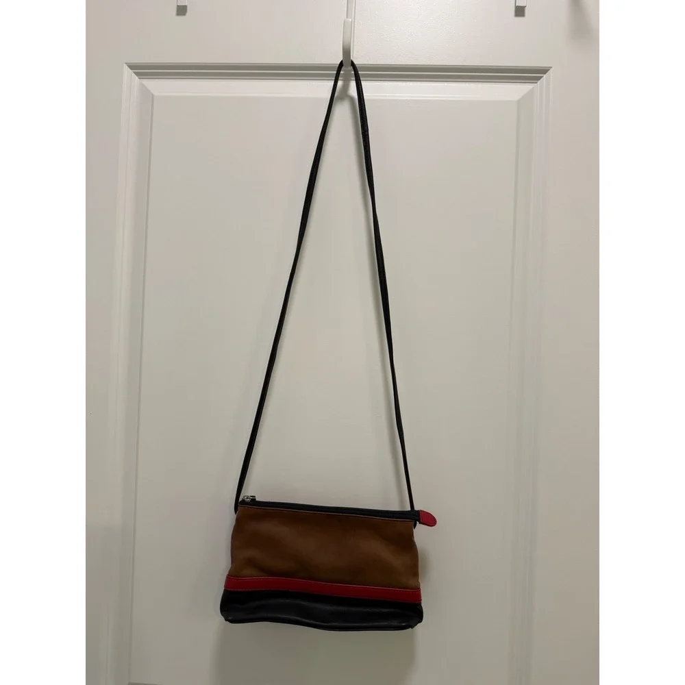 ili‎ New York Genuine Leather Colorblock Crossbody Bag Brown Red Black Tassel